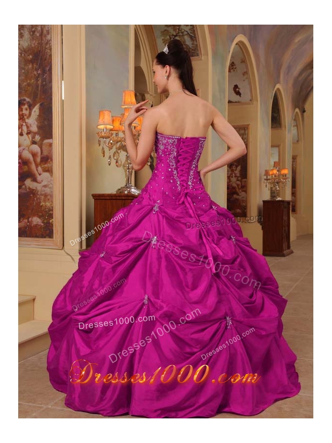 Strapless Taffeta Beading and Appliques Sweet 15 Dressesin Fuchsia
