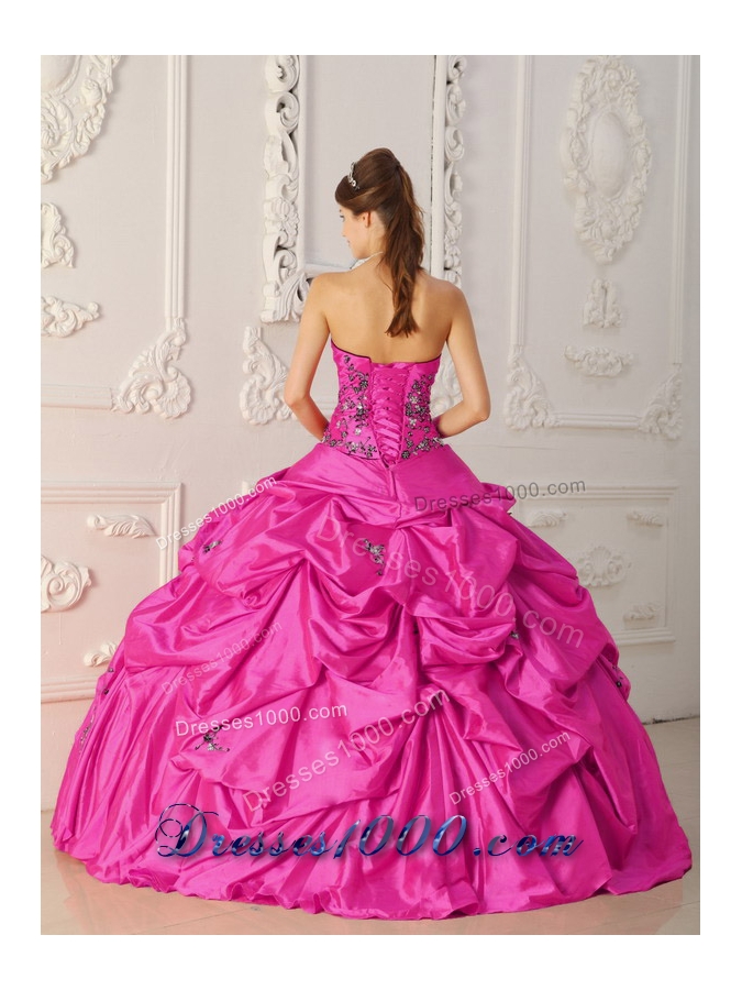 Strapless Taffeta Quinceanera Dress with Appliques and Pick-ups