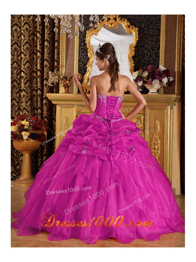 Appliques with Beading Sweetheart Organza Quinceanera Gown in Fuchsia