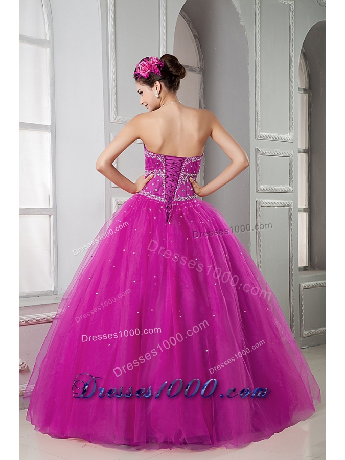 Discount Fuchsia Sweetheart Tulle Beaded Decorate Sweet 15 Dresses