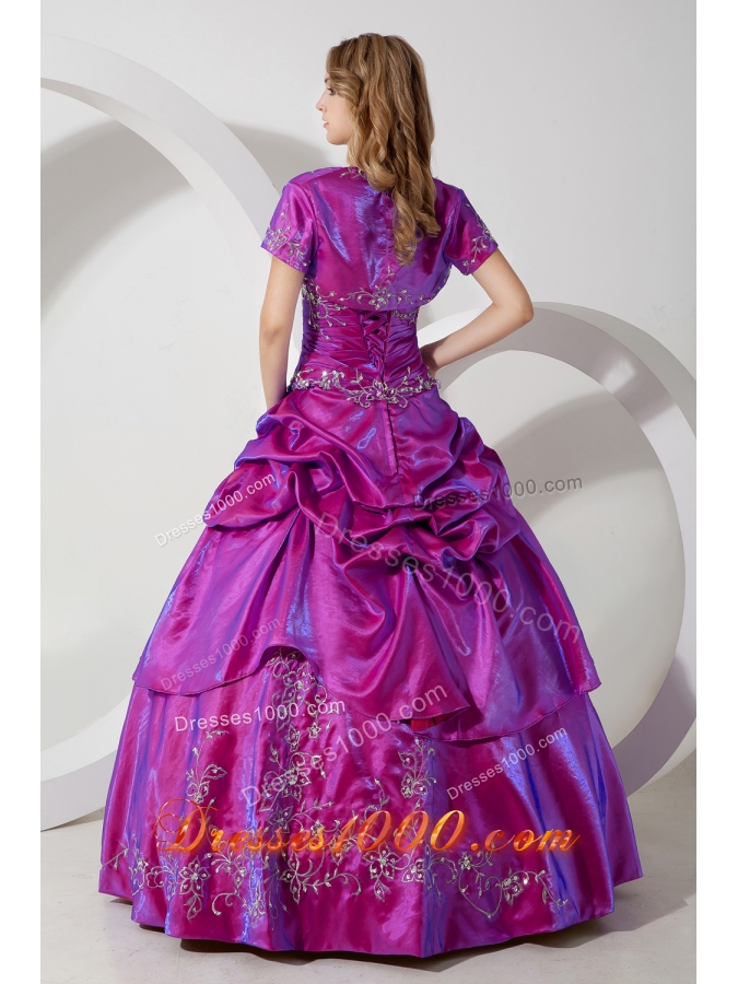 Fuchsia Strapless Taffeta Embroidery with Beading Quinceanera Dress