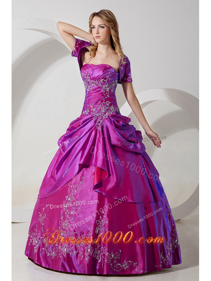 Fuchsia Strapless Taffeta Embroidery with Beading Quinceanera Dress