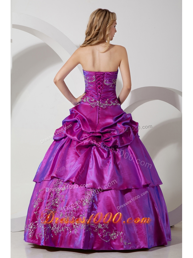 Fuchsia Strapless Taffeta Embroidery with Beading Quinceanera Dress