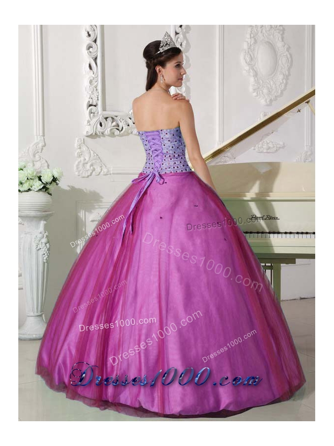 Lovely Fuchsia Sweetheart Tulle Beaded Decorate Quinceanera Gown