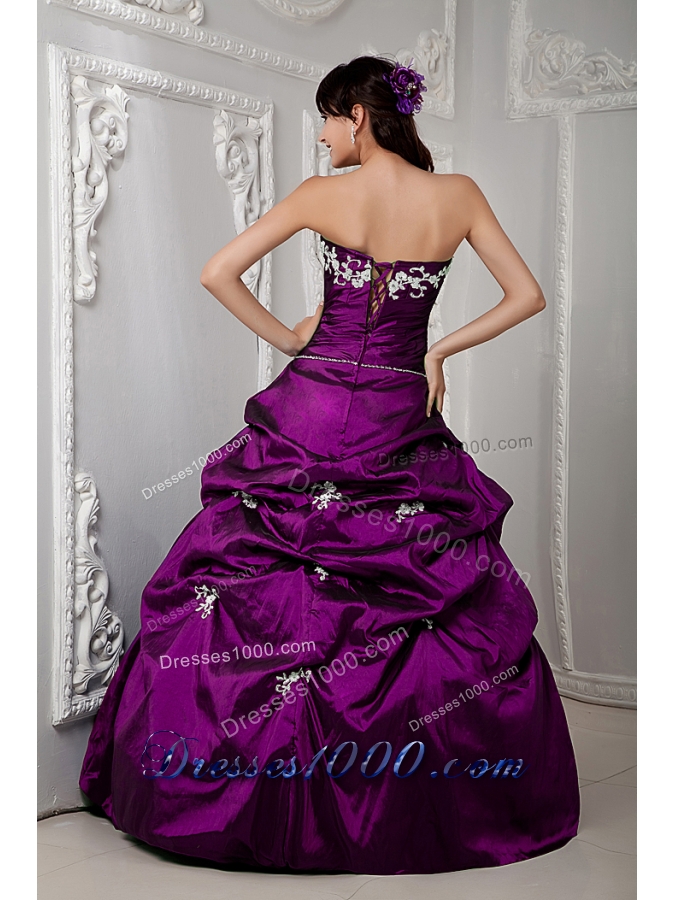 Strapless A-line Taffeta Sweet Sixteen Dresses with White Appliques