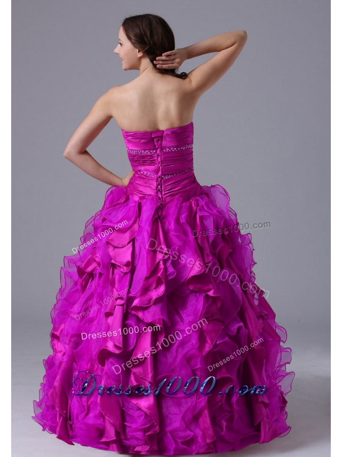 Strapless Fuchsia Beaded Decorate Bust Quinceanera Dress with Ruffles