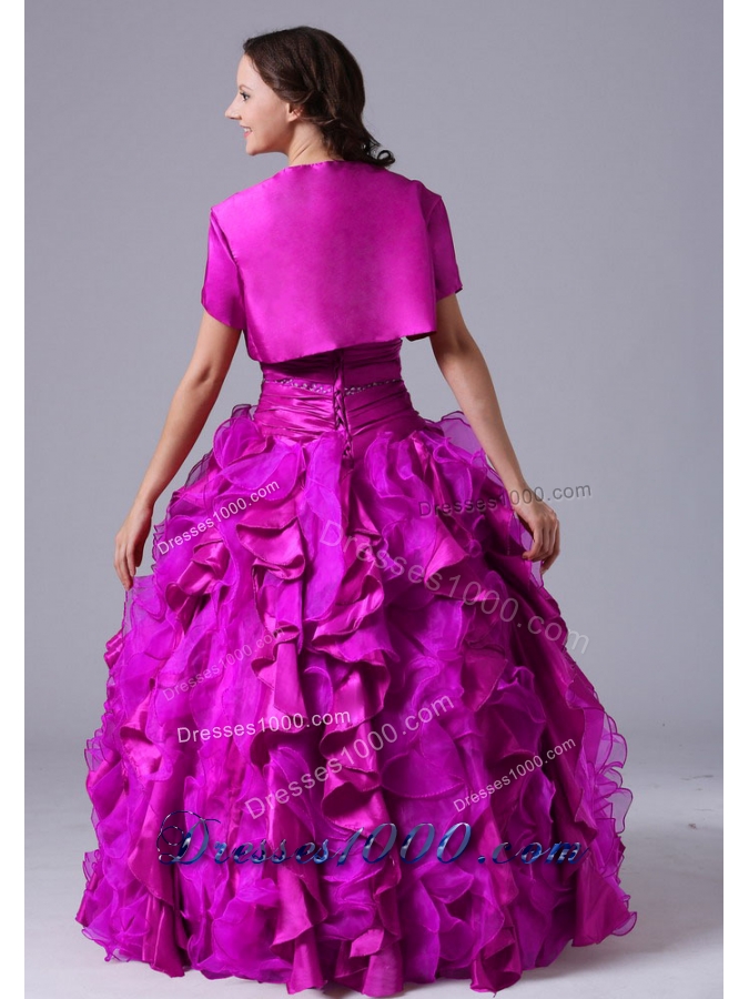 Strapless Fuchsia Beaded Decorate Bust Quinceanera Dress with Ruffles