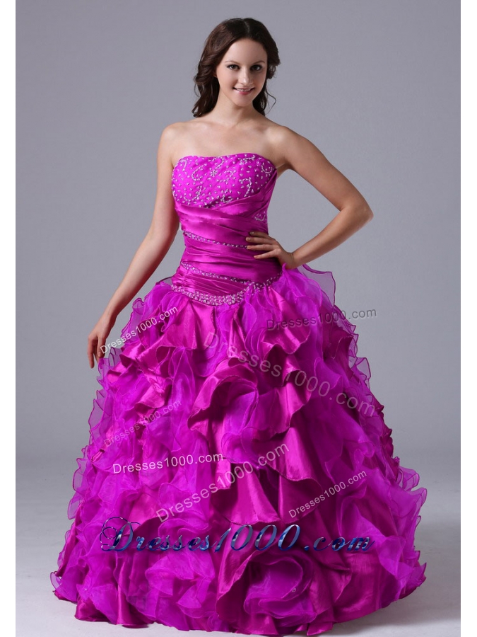 Strapless Fuchsia Beaded Decorate Bust Quinceanera Dress with Ruffles
