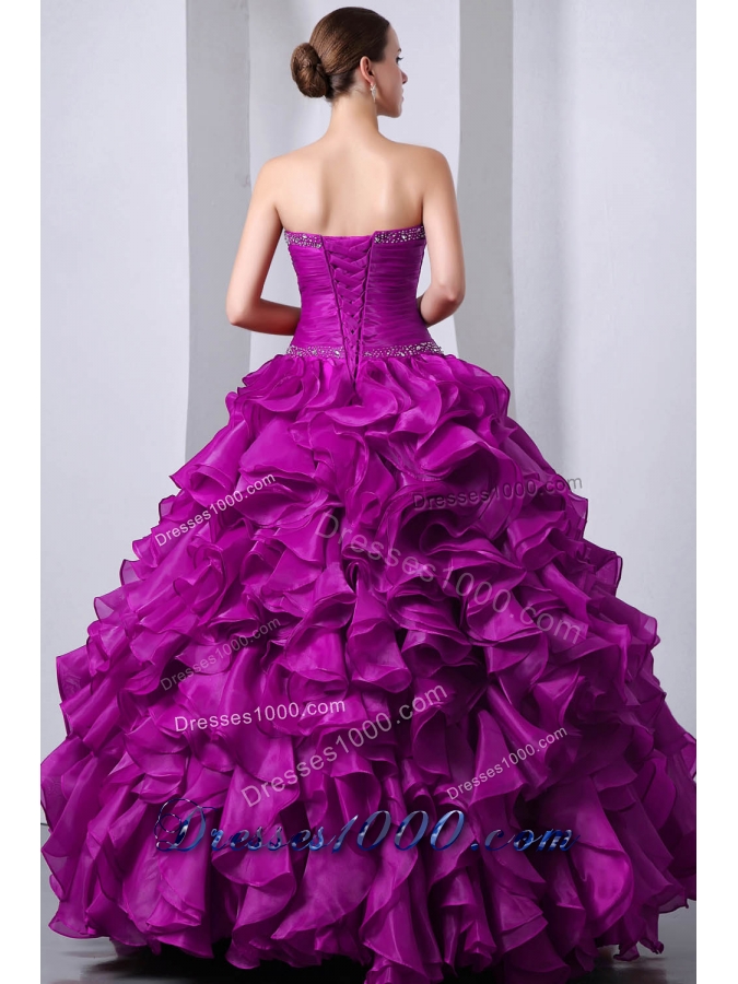 Sweetheart Organza Fuchsia Quinceanea Dress with Beading and Rufffles