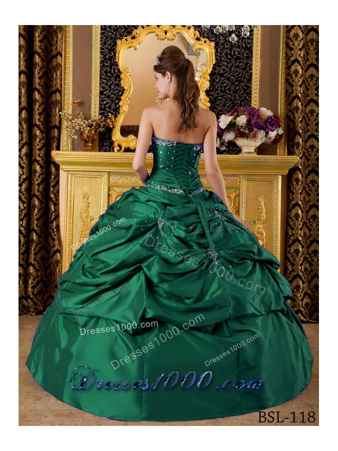 2014 Green Ball Gown Strapless Quinceanera Dresses with Appliques