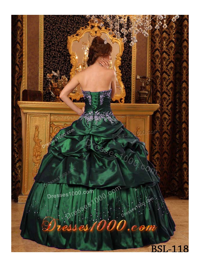 Cheap Ball Gown Strapless Dark Green Quinceanera Dresses with Appliques