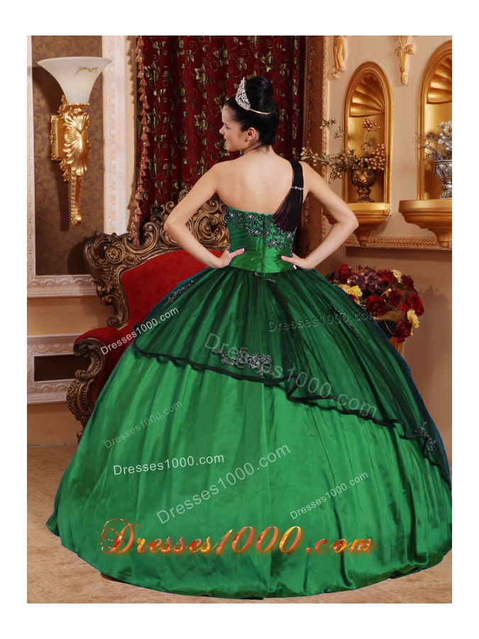 Dark Green Ball Gown One Shoulder Quinceanera Dresses with Beading Appliques