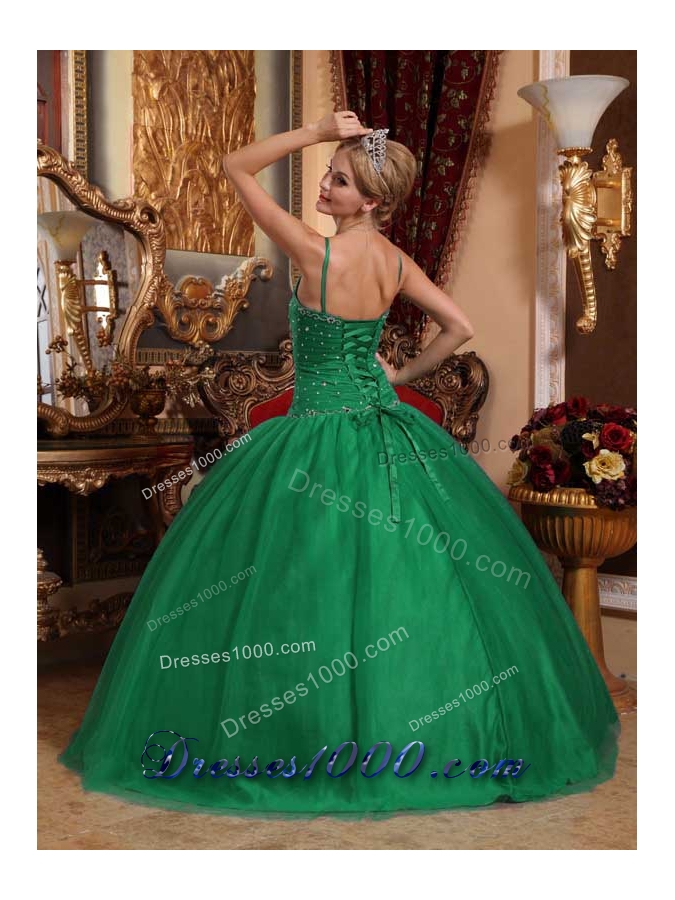 Dark Green Ball Gown Spaghetti Straps Quinceanera Dresses with Beading