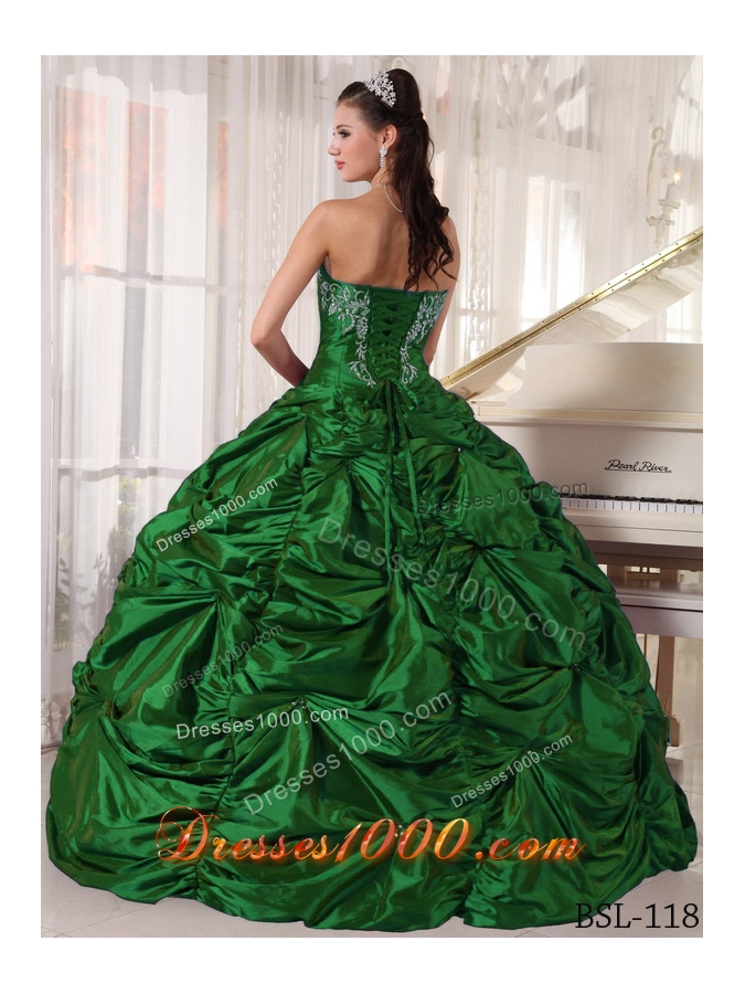 Dark Green Puffy Strapless 2014 Quinceanera Gowns with Embroidery