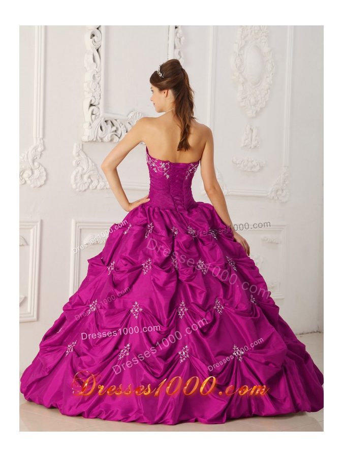 Fuchsia Strapless Taffeta Appliques and Pick-ups Quinceanera Gowns