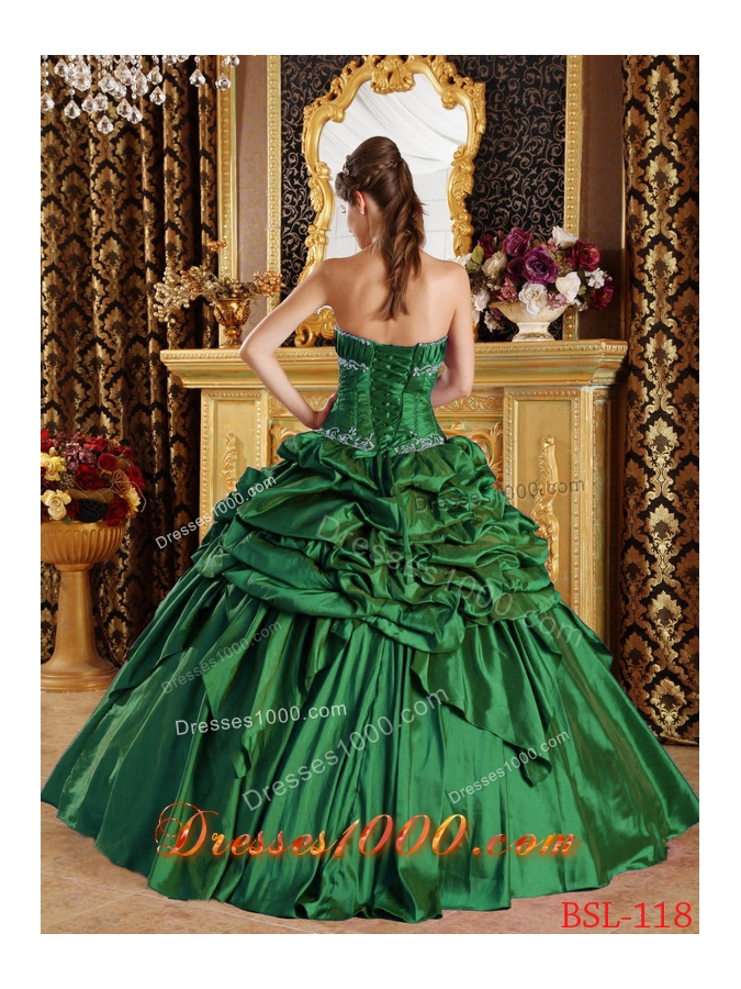 Green Puffy StraplessQuinceanera Dresses with Pick-ups Taffeta