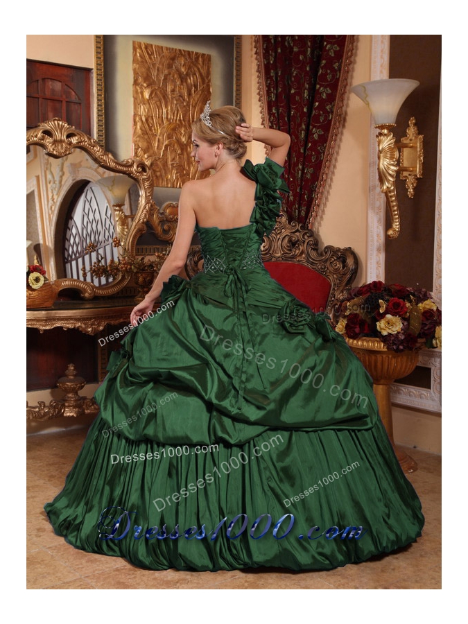 Simple Green One Shoulder Puffy Quinceanera Dresses with Beading
