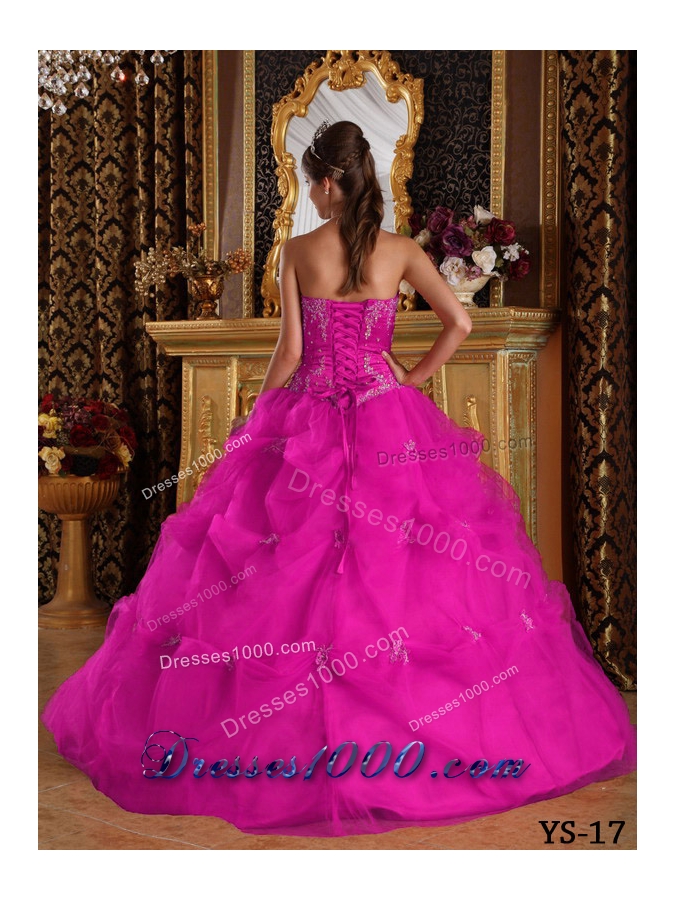 Strapless Appliques and Pick-ups Tulle Quinceanera Dress in Fuchsia