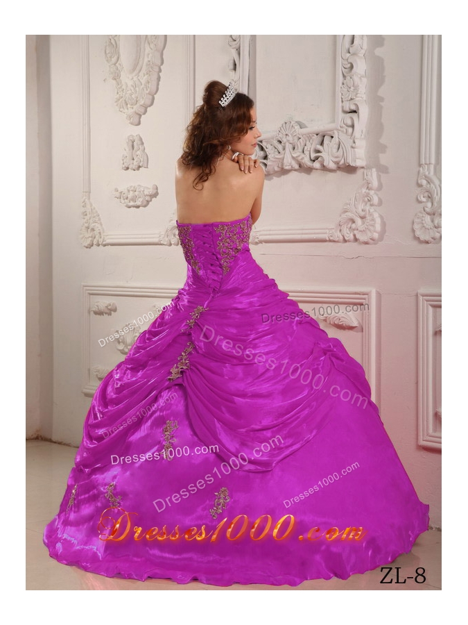 Strapless Fuchsia Organza Appliques Decorate Quinceanera Dress