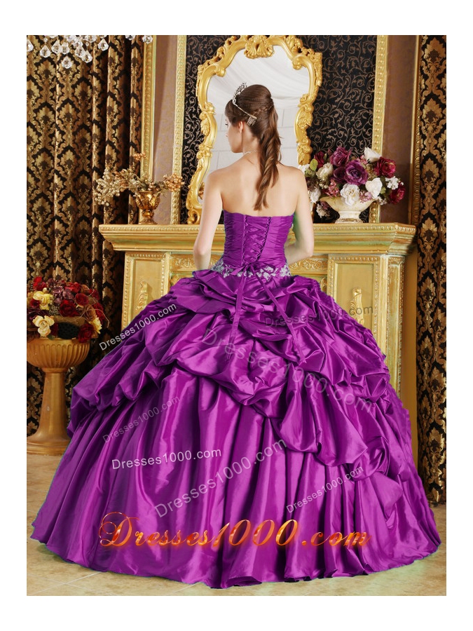 Strapless Taffeta Beading and Appliques Quinceanera Dress in Fuchsia