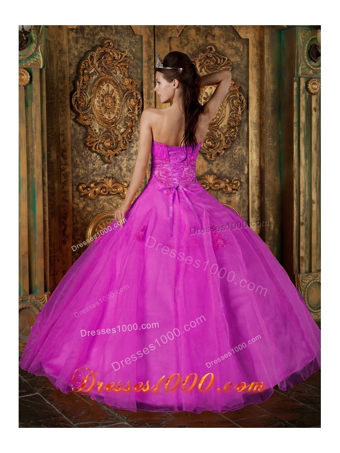 Sweetheart Organza Appliques with Beading Quinceanera Dress in Fuchsia