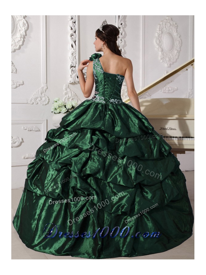 2014 Dark Green Ball Gown One Shoulder Quinceanera Dresses with Appliques