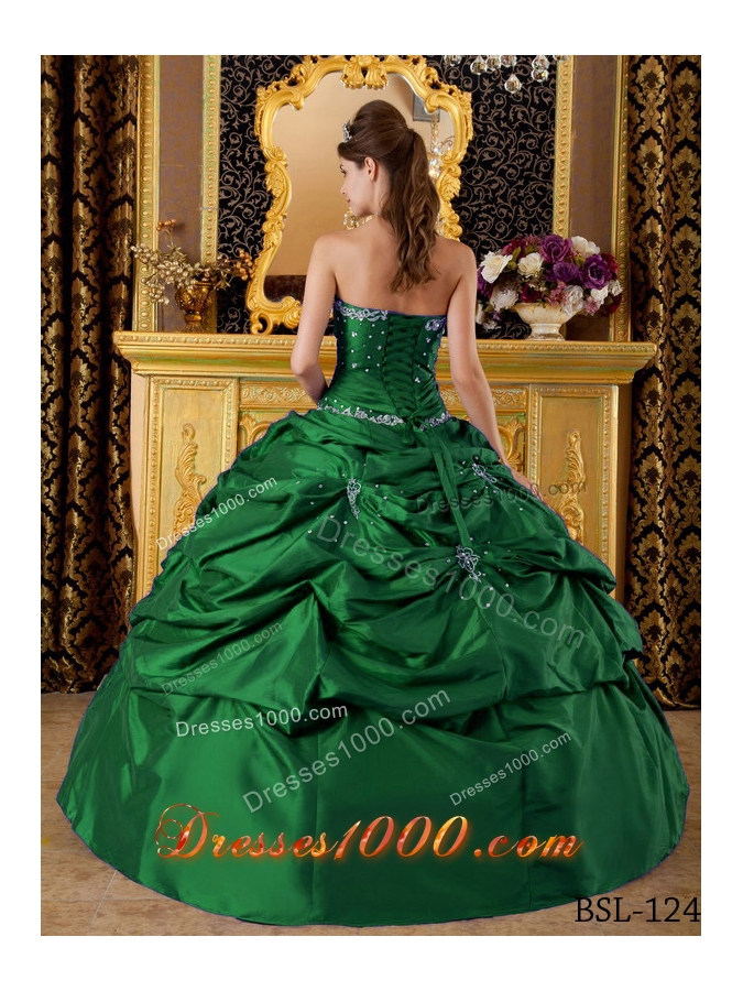 2014 Dark Green Ball Gown Strapless Quinceanera Dresses with Appliques