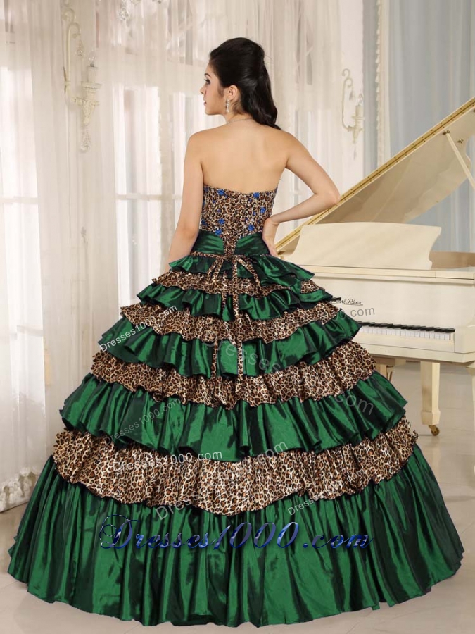 2014 Green Leopard Layers and Appliques Quinceanera Dress For Custom Made