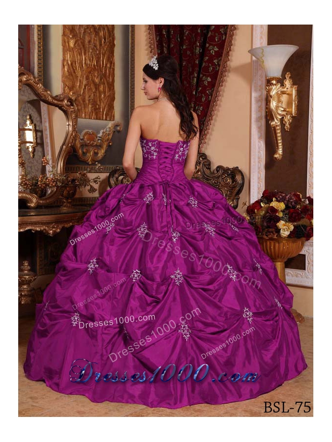 Appliques and Pick-ups Strapless Fuchsia Dress For Quinceanera