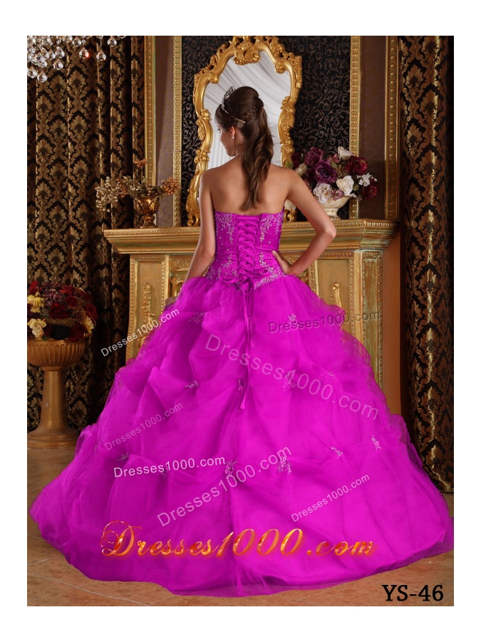 Appliques and Pick-ups Strapless Fuchsia Tulle Quinceanera Dress