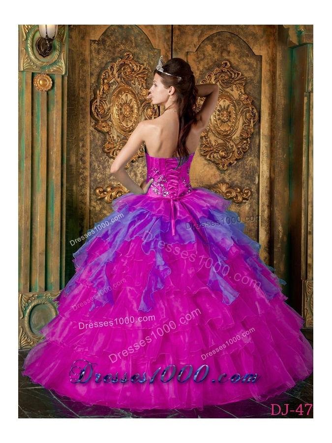 Appliques with Beading Organza Strapless Quinceanera Dress in Fuchsia