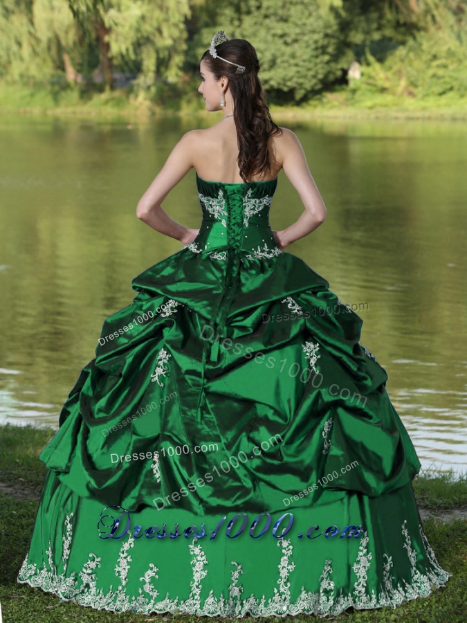 Custom Made Green Quinceanera Dress with Embroidery and Pick-ups