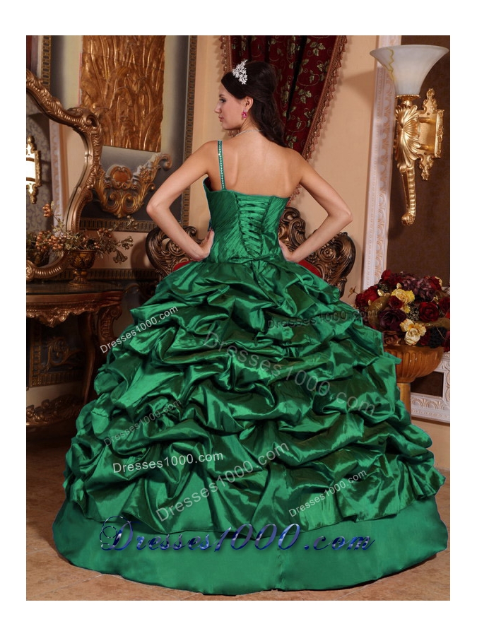 Dark Green Ball Gown One Shoulder 2014 Quinceanera Dresses with Pick-ups
