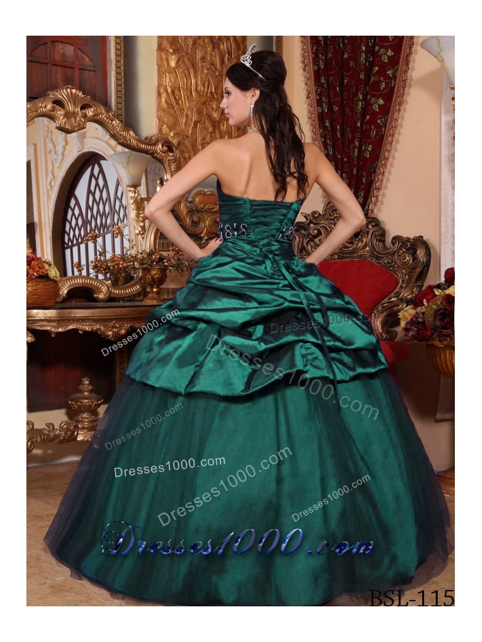 Dark Green Princess Puffy Strapless 2014 Quinceanera Dresses with Beading