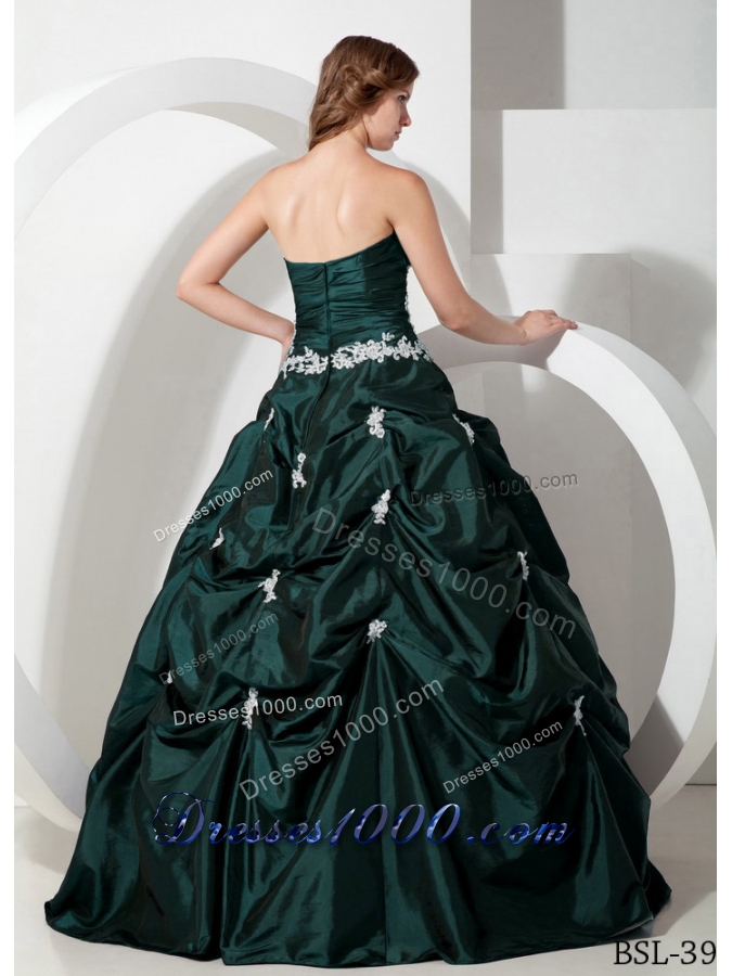 Elegant Dark Green Puffy Sweetheart Quinceanera Dresses with Taffeta Appliques