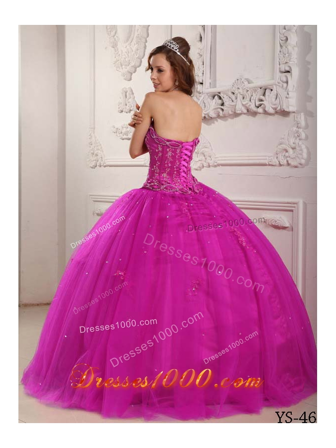 Elegant Strapless Tulle Fuchsia Quinceanera Dress with Appliuqes