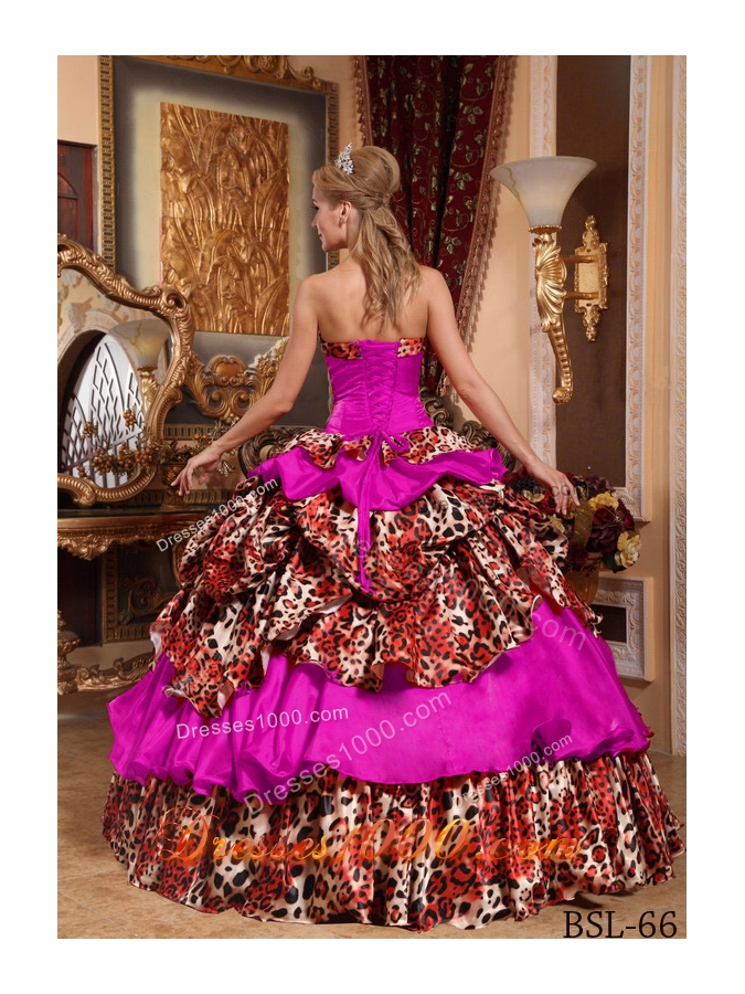 Fashionable Strapless Taffeta Pick-ups Quinceanera Dress with Leopard