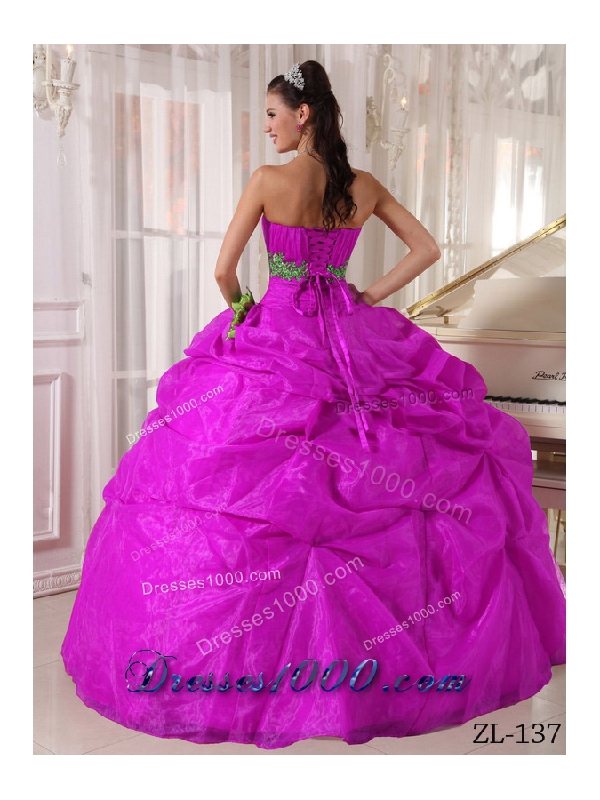 Fuchsia Ball Gown Sweetheart Floor-length Organza Appliques Quinceanera Dress