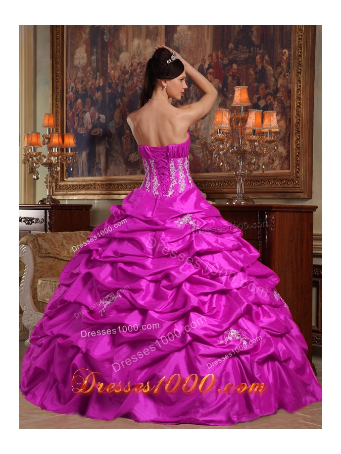 Fuchsia Strapless Appliques and Pick-ups Taffeta Dresses For a Quince