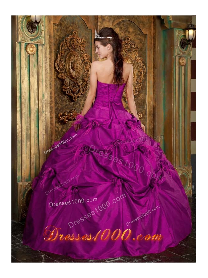 Fuchsia Strapless Taffeta Beading and Hand Made Flowers Sweet 15 Dresses