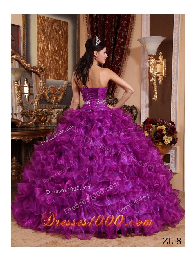 Fuchsia Sweetheart Organza Beaded Decorate Waist Quinceanera Dress
