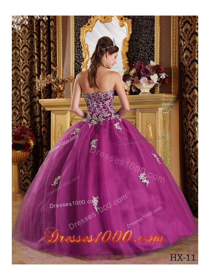 Fuchsia Sweetheart Tulle Quinceanera Gowns with White Appliques