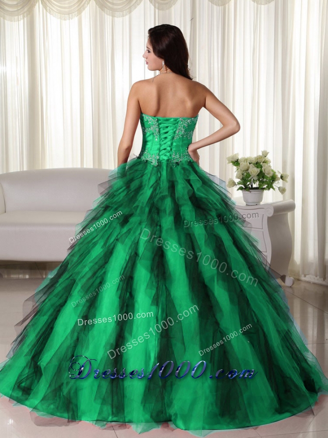 Green Ball Gown Strapless Green and Black Quinceanera Dress with Taffeta Appliques