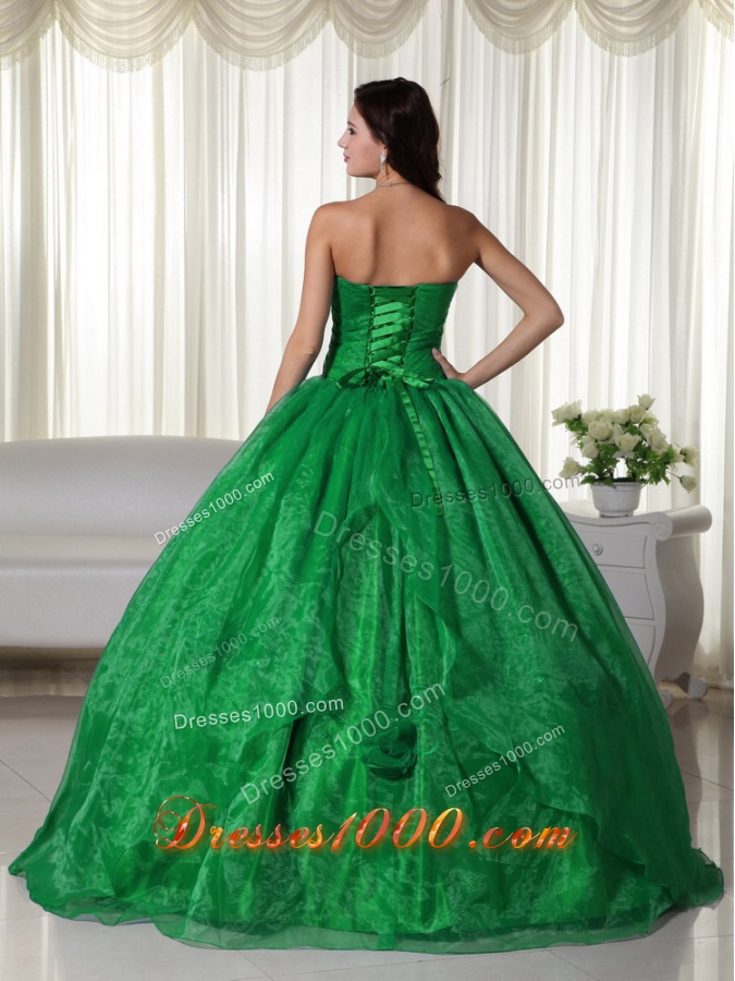 Green Ball Gown Strapless Organza Quinceanera Dress with Beading and Embroidery
