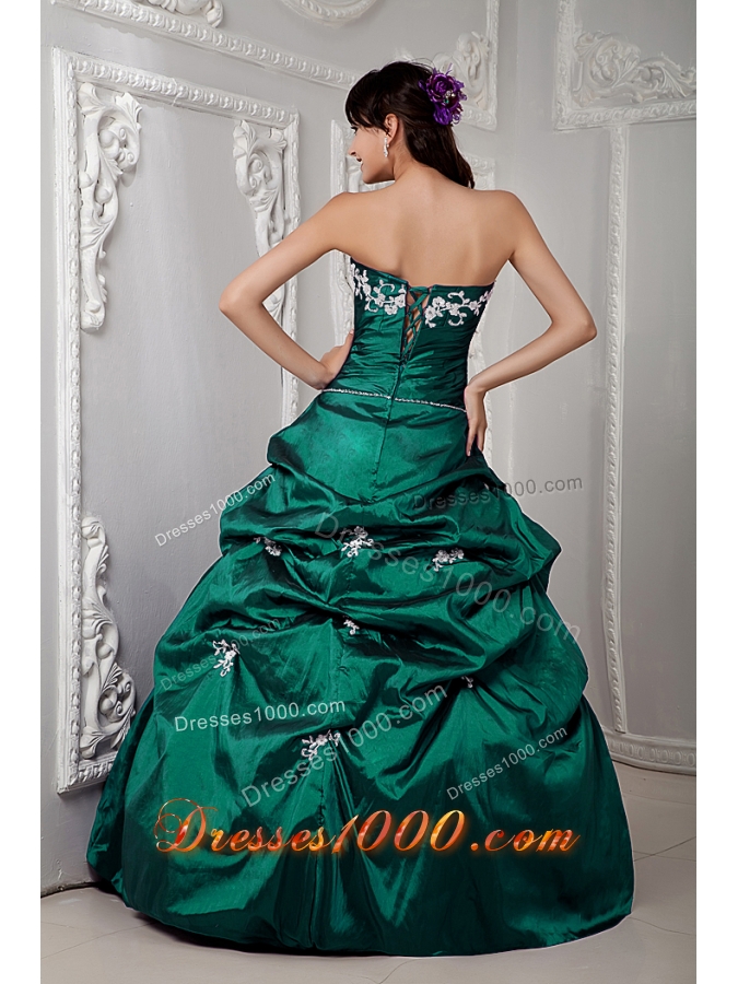 Green Ball Gown Strapless Quinceanea Dress with Appliques and Pick-ups
