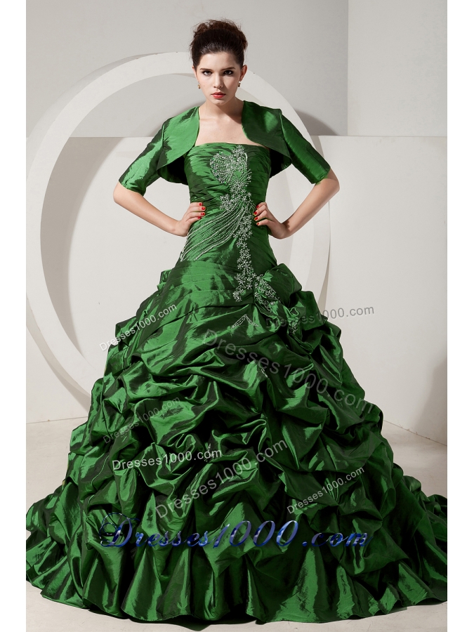 Green Princess Strapless Brush Tain Quinceanera Dresses with Taffeta Beading