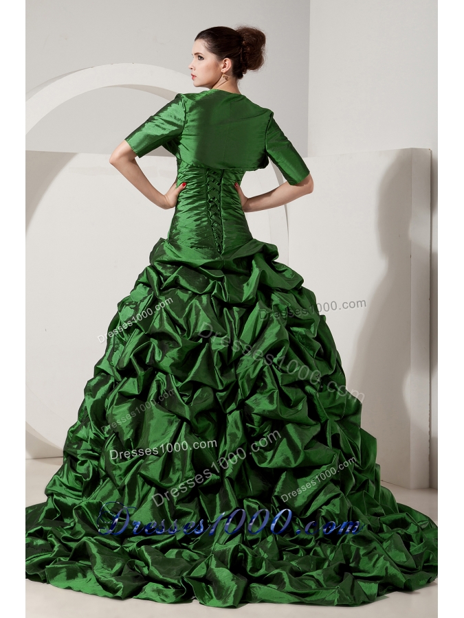 Green Princess Strapless Brush Tain Quinceanera Dresses with Taffeta Beading