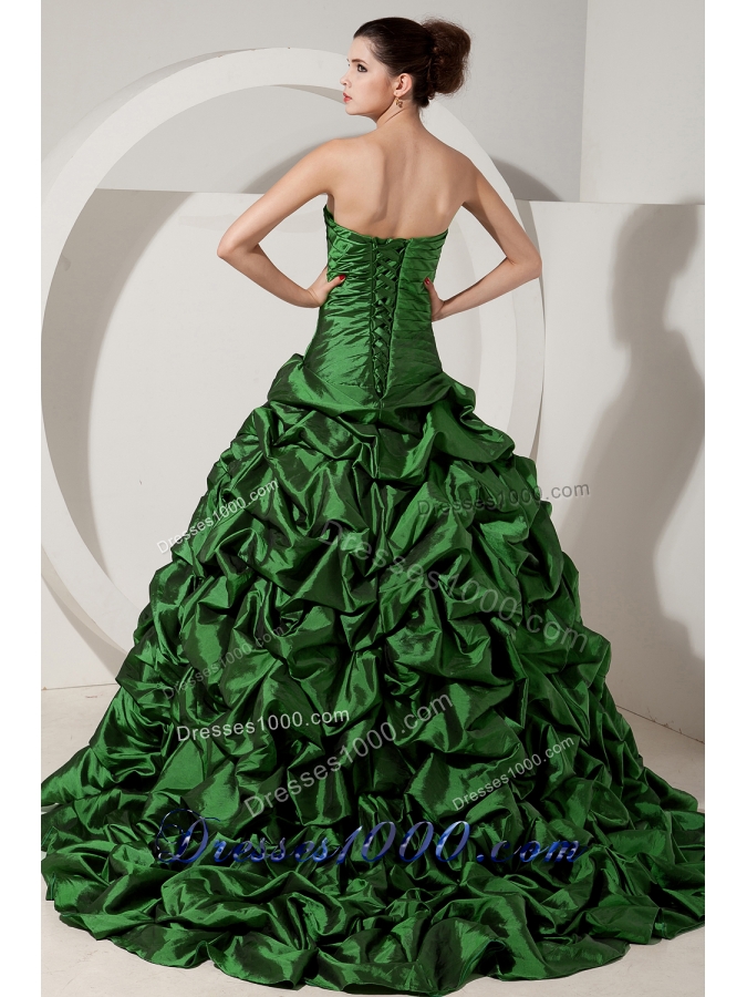 Green Princess Strapless Brush Tain Quinceanera Dresses with Taffeta Beading
