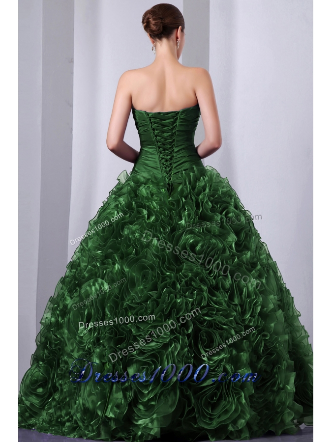Green Princess Strapless Organza Quinceanea Dress with Beading and Hand Made Flowers