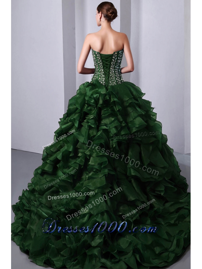 Green Princess Sweetheart Brush Train Organza Quinceanea Dress with Beading and Ruffles